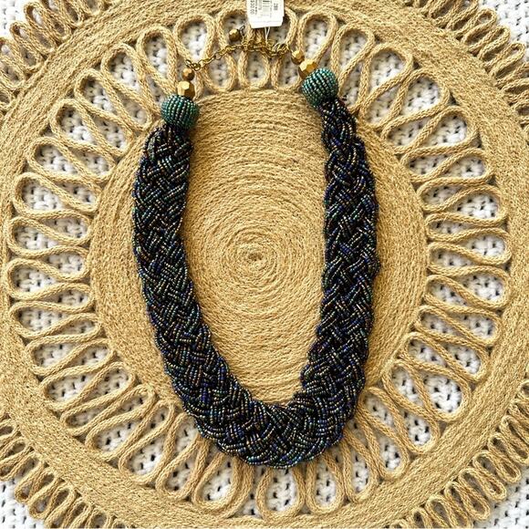 Macy's NWT Turquoise Blue Iridescent Heavily Beaded Braided Statement Necklace - Picture 7 of 8